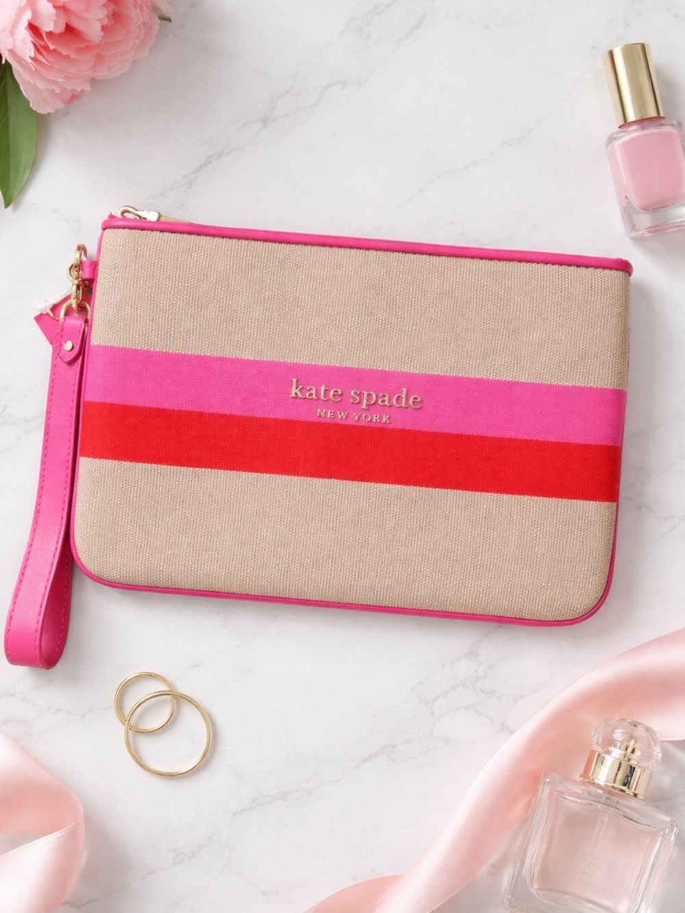 Kate Spade Beige Wristlet with Pink and Red Stripes